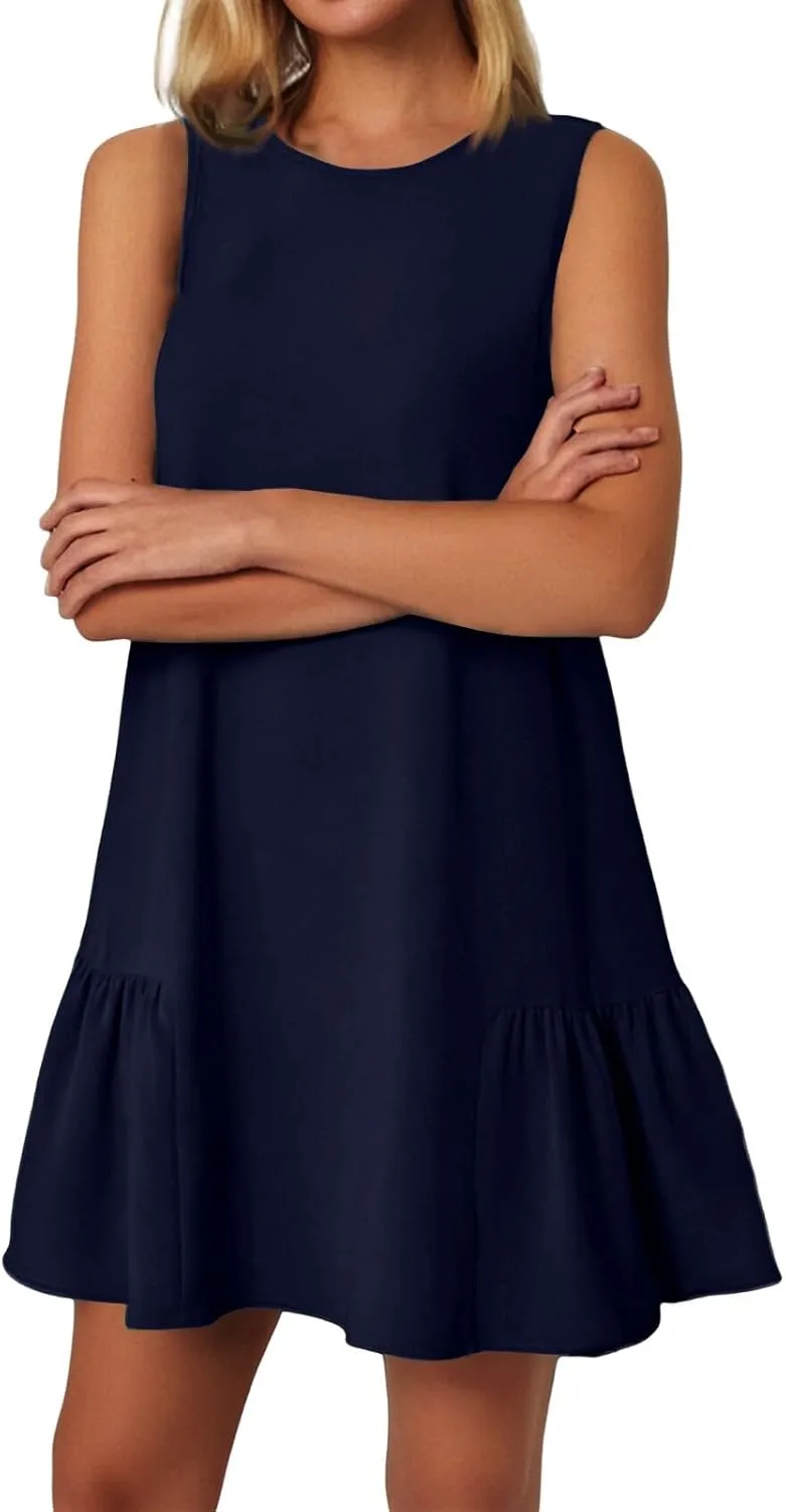 Womens Sundress-2025 Summer Modest Sleeveless Mini Ruffle Dress with Pocket