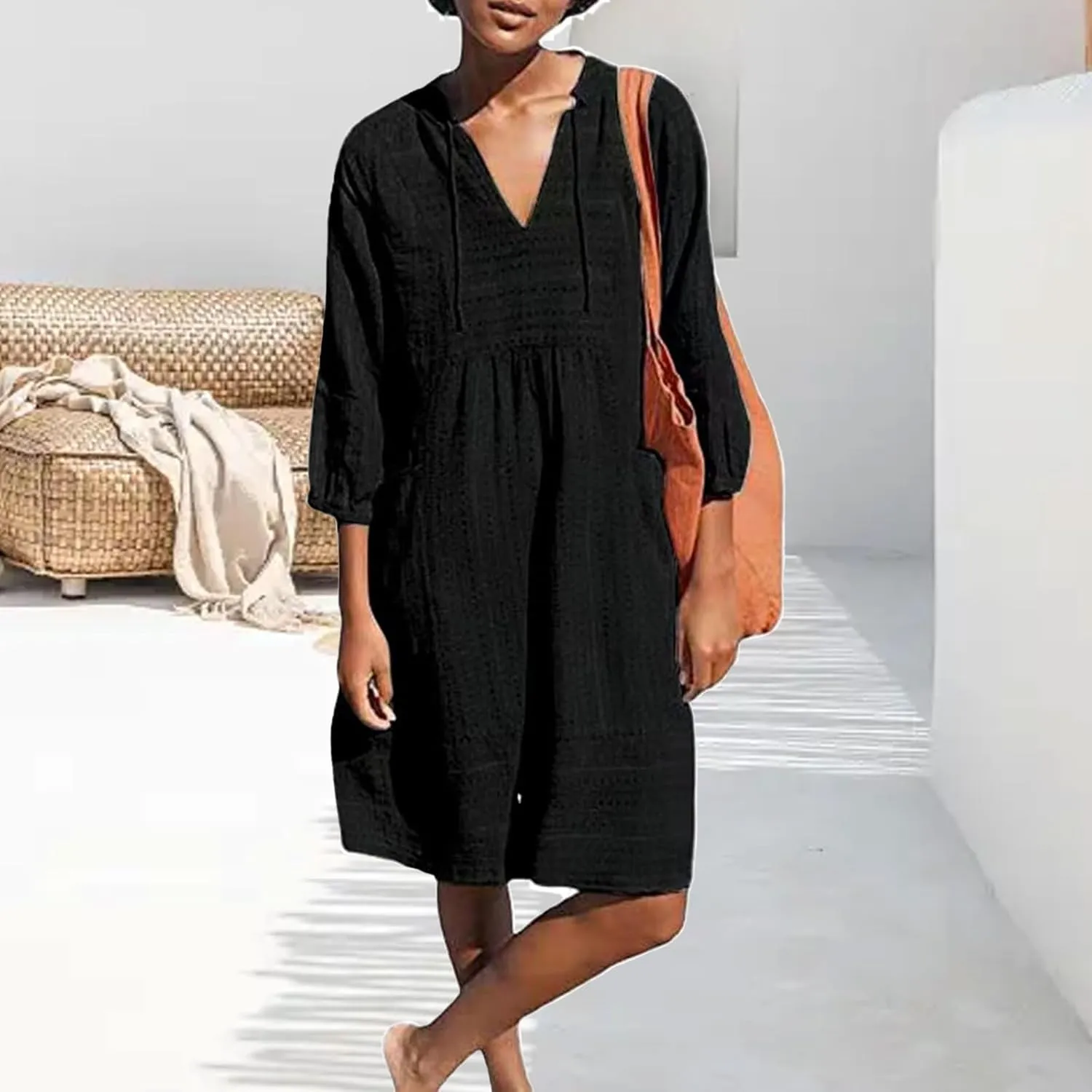 Womens V Neck Cotton Dress 3/4 Sleeve Midi Beach Dress Loose Fit Flowy Shirt Sundress with Pockets
