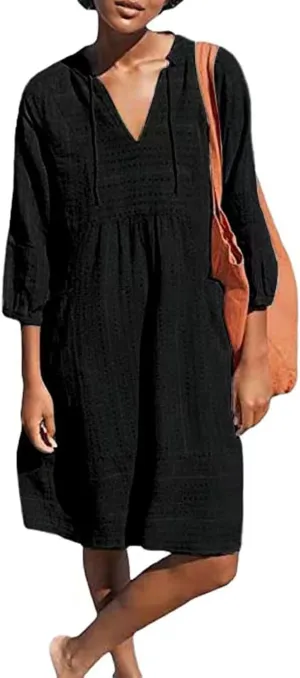 Womens V Neck Cotton Dress 3/4 Sleeve Midi Beach Dress Loose Fit Flowy Shirt Sundress with Pockets