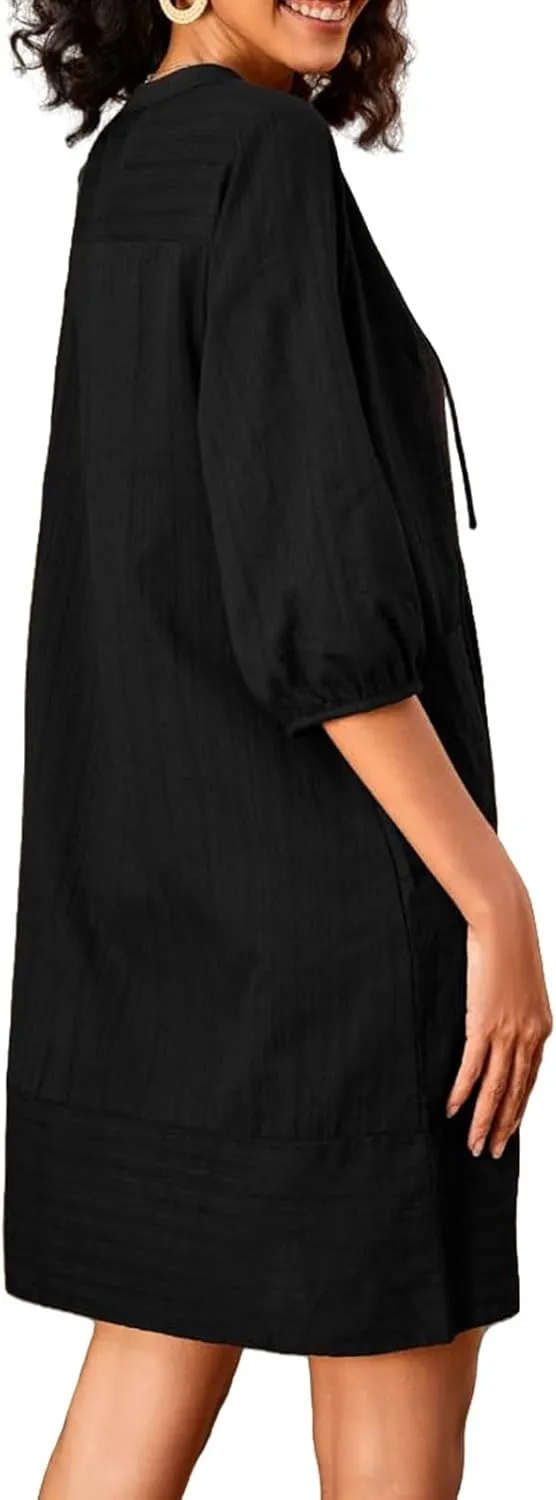 Womens V Neck Cotton Dress 3/4 Sleeve Midi Beach Dress Loose Fit Flowy Shirt Sundress with Pockets