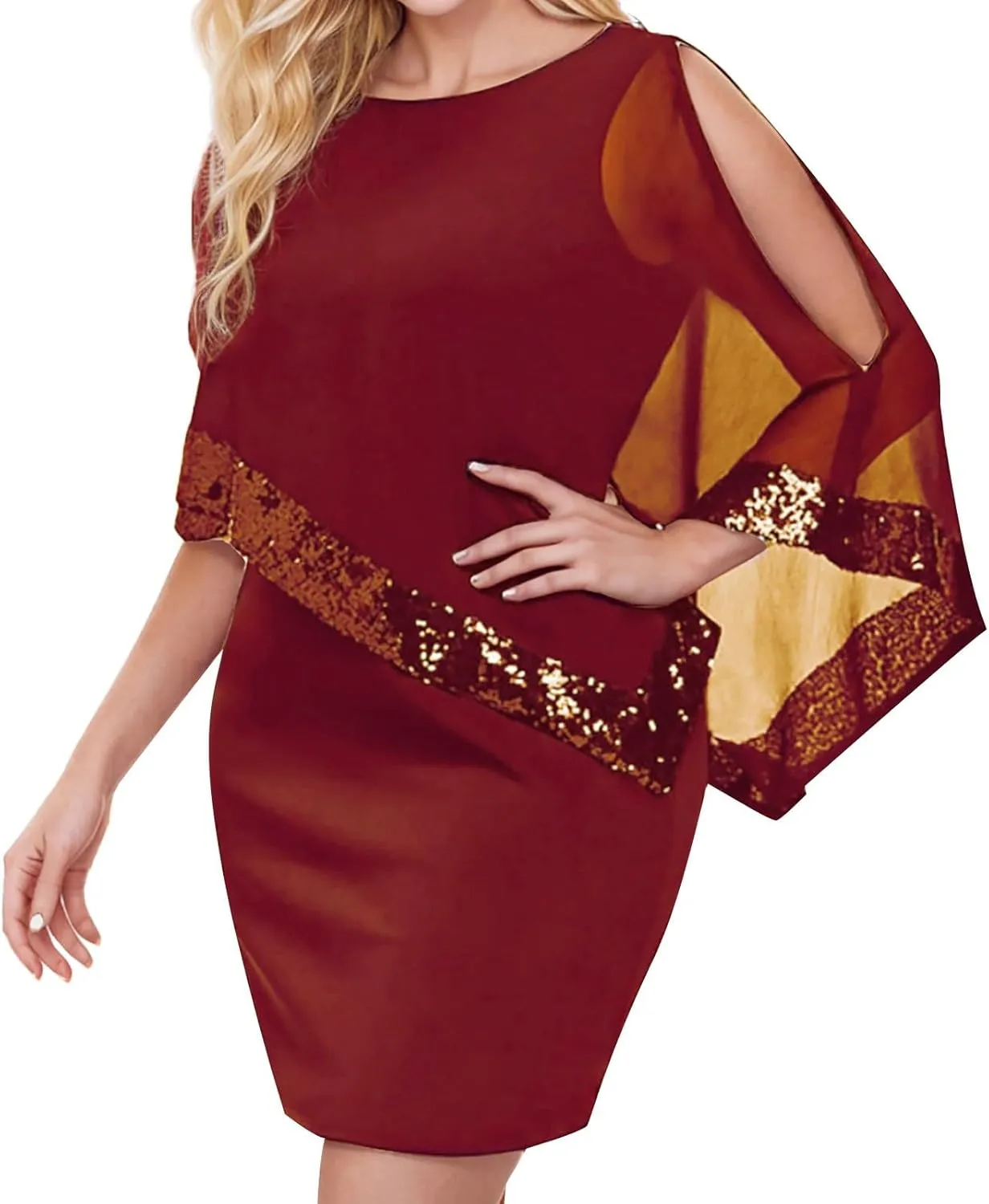 XUNRYAN Women's Sequin Mesh Cape Overlay Bodycon Knee Length Pencil Mini Dress Wedding Guests Formal Evening Party Ball Gown