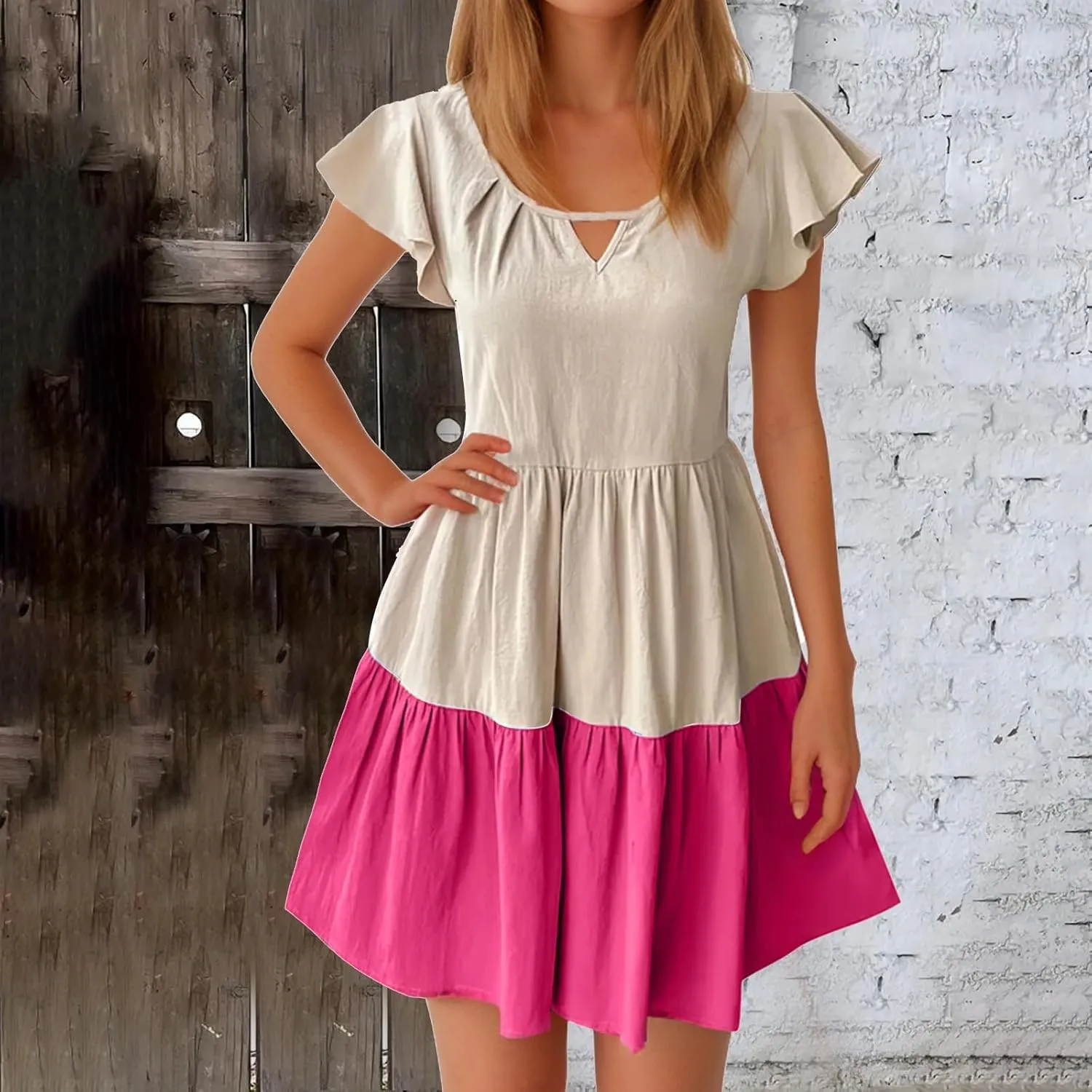 yardsong Summer Casual Dresses for Women 2025 A-Line Ruffle Sleeve Boho Dress Keyhole Beach Vacation Swing Mini Dresses
