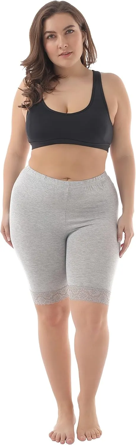 ZERDOCEAN Women's Plus Size Soft Basic Mid Thigh Shorts Leggings with Lace Trim