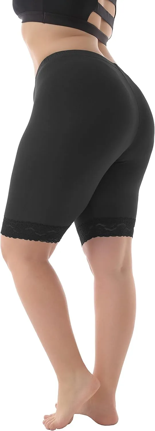 ZERDOCEAN Women's Plus Size Soft Basic Mid Thigh Shorts Leggings with Lace Trim