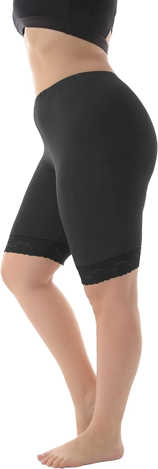 ZERDOCEAN Women's Plus Size Soft Basic Mid Thigh Shorts Leggings with Lace Trim