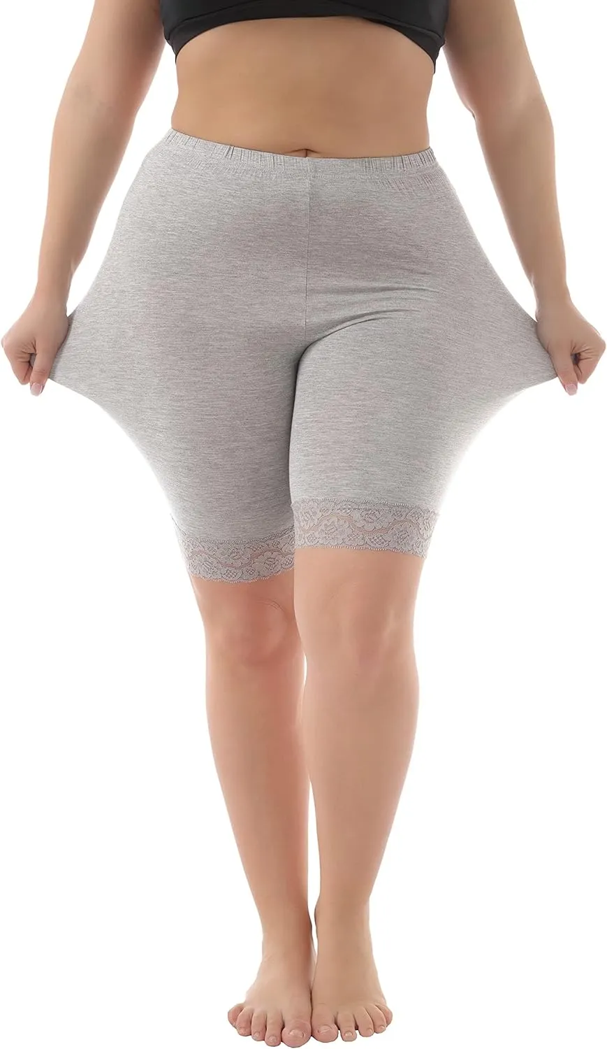 ZERDOCEAN Women's Plus Size Soft Basic Mid Thigh Shorts Leggings with Lace Trim