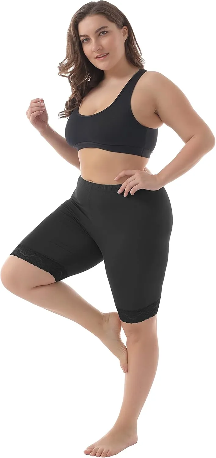 ZERDOCEAN Women's Plus Size Soft Basic Mid Thigh Shorts Leggings with Lace Trim