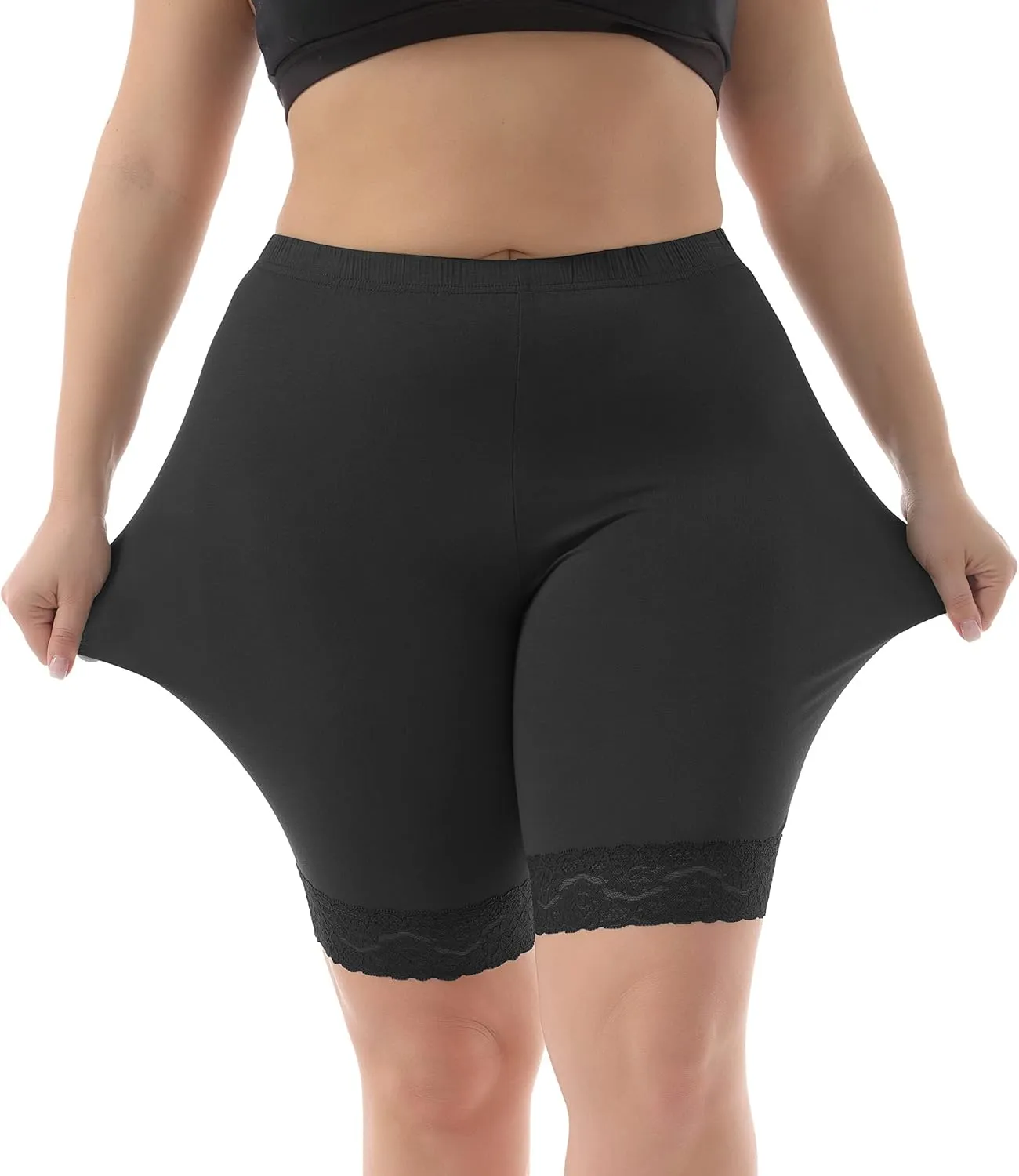 ZERDOCEAN Women's Plus Size Soft Basic Mid Thigh Shorts Leggings with Lace Trim