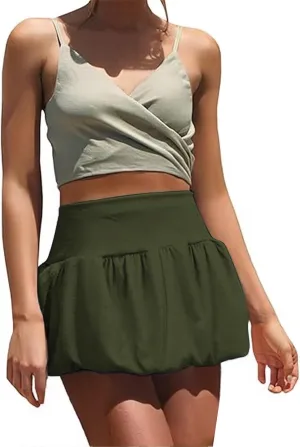 ZYXTIM Bubble Skirts for Women Elastic High Waisted Ruffle Hem A Line Balloon Skirt Petite Slim Fit Solid Y2k Cute Mini Dress