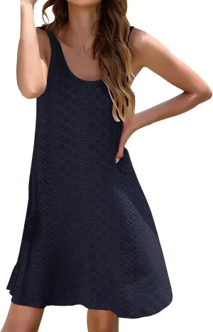 ZYXTIM Women's Summer 2024 Casual Sundress Sleeveless Eyelet Embroidery Mini Dress V Neck Floral Printed Flowy Beach Sundress
