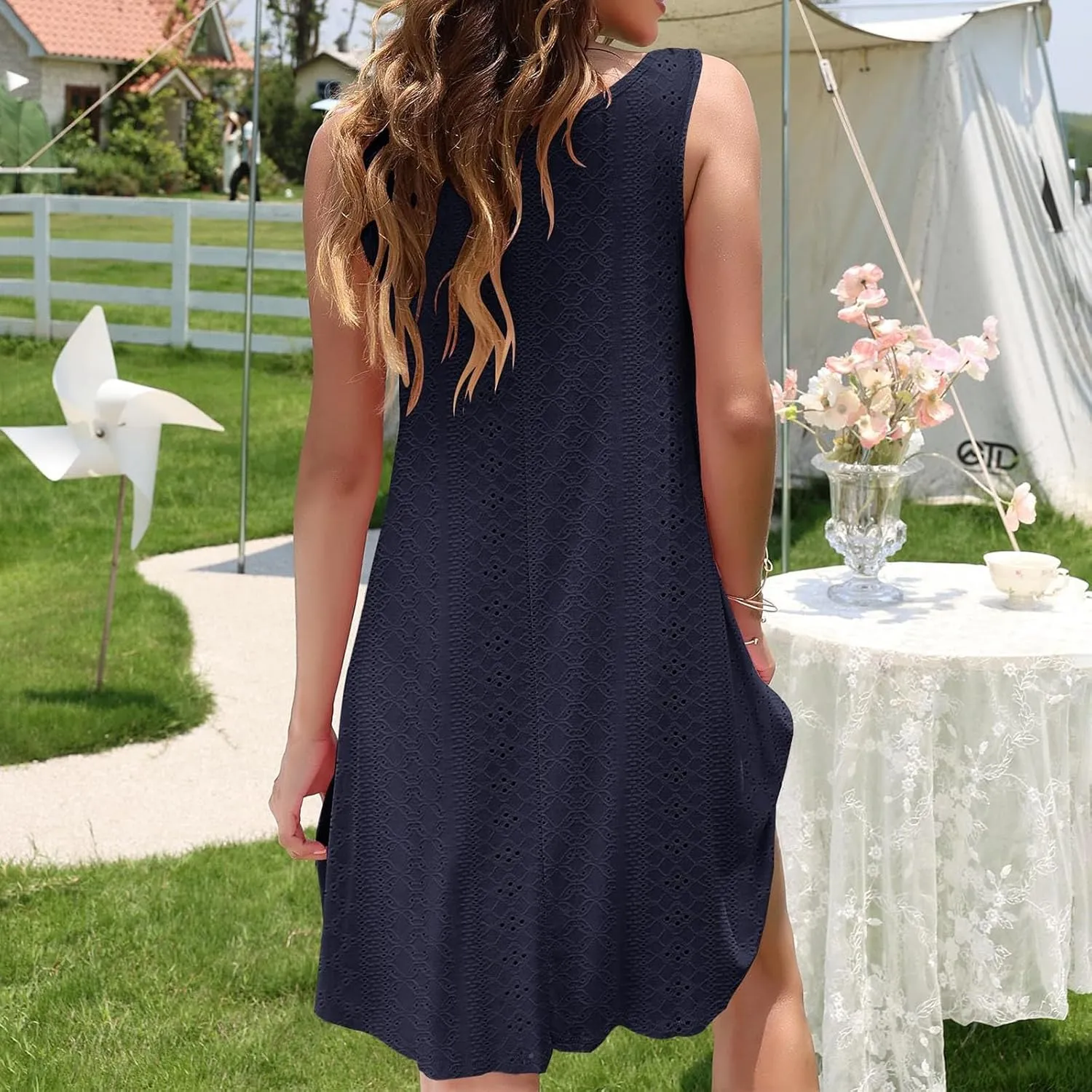 ZYXTIM Women's Summer 2024 Casual Sundress Sleeveless Eyelet Embroidery Mini Dress V Neck Floral Printed Flowy Beach Sundress
